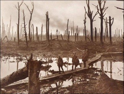 Chateau Wood, Flanderi. Jäljellä on vain liejua ja elottomia puunrunkoja. Lähde: The Heritage of the Great War, http://www.greatwar.nl/hurley/chateauwood.jpg