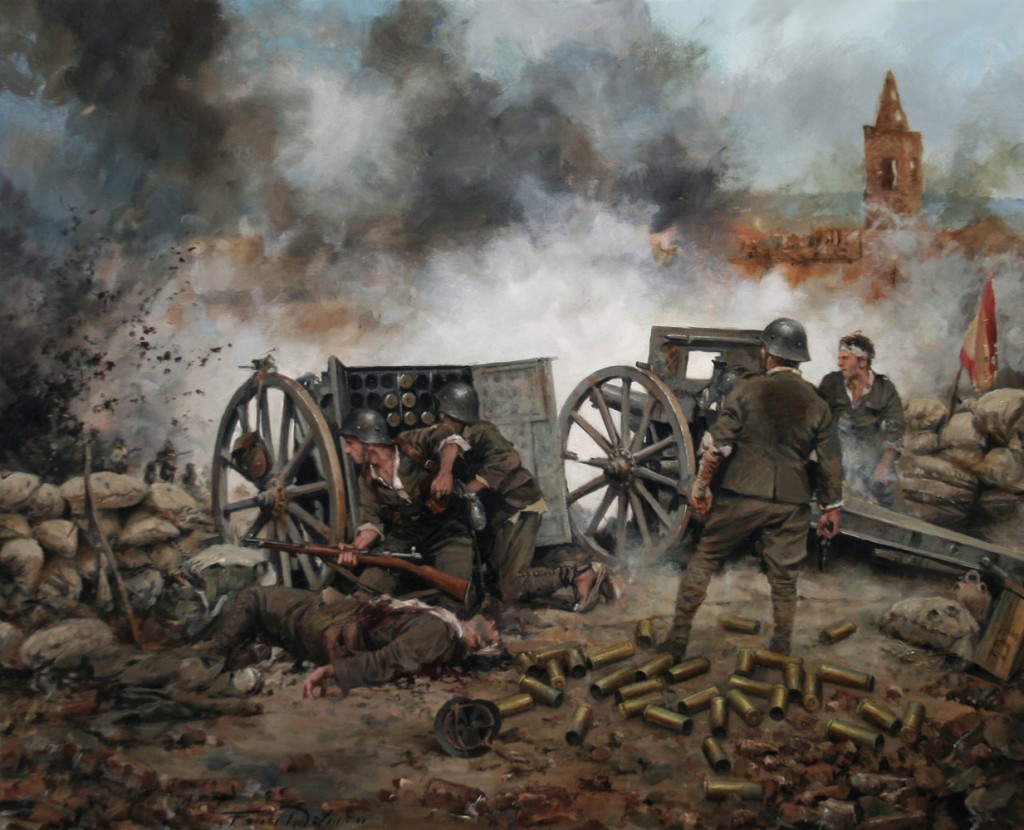 Ilma täyttyi savusta ja paukkeesta, kun Francon joukot ampuivat kanuunalla lähitaistelussa. A. Ferrer-Dalmau maalasi tämän kuvan lisäksi useita muitakin taistelukuvia. Lähde: Wikimedia Commons.