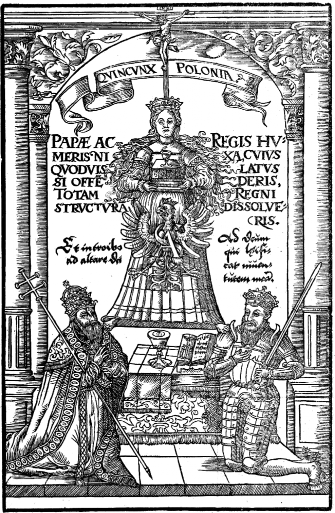 Kuva 1: Puupiirros Stanisław Orzechowskin teoksesta Qvincvnx, tho iest wzor Korony Polskiey ("Quincunx, eli Puolan kruunu") vuodelta 1564. Lähde: Wikimedia Commons