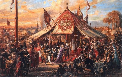 Kuva 2: Vuonna 1889 valmistunut Jan Matejkon öljyvärimaalaus Potęga Rzeczypospolitej u zenitu. Złota wolność. Elekcja R.P. 1573. Se kuvaa vuoden 1573 kuninkaanvaalia, jossa aatelisto valitsi hallisijan Varsovan ulkopuolella olleella kentällä. Lähde: Wikimedia Commons