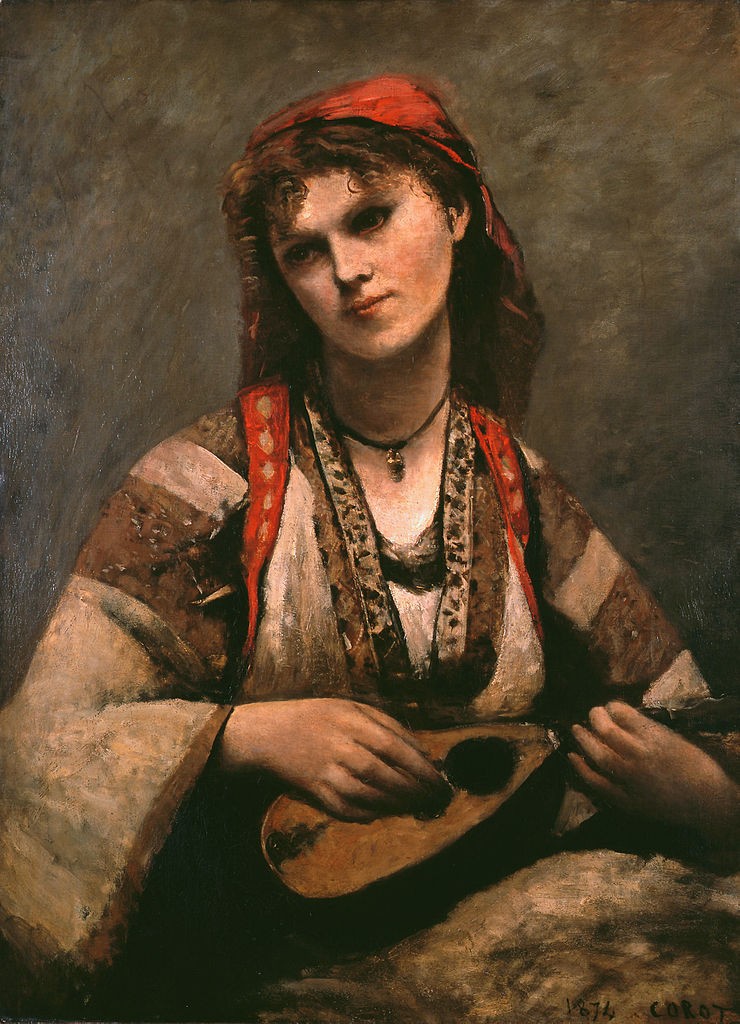 Jean Baptiste Camille Corot’n maalaus Cigana com Bandolim mandoliinia soittavasta ”mustalaistytöstä” vuodelta 1874. Lähde: Wikimedia Commons