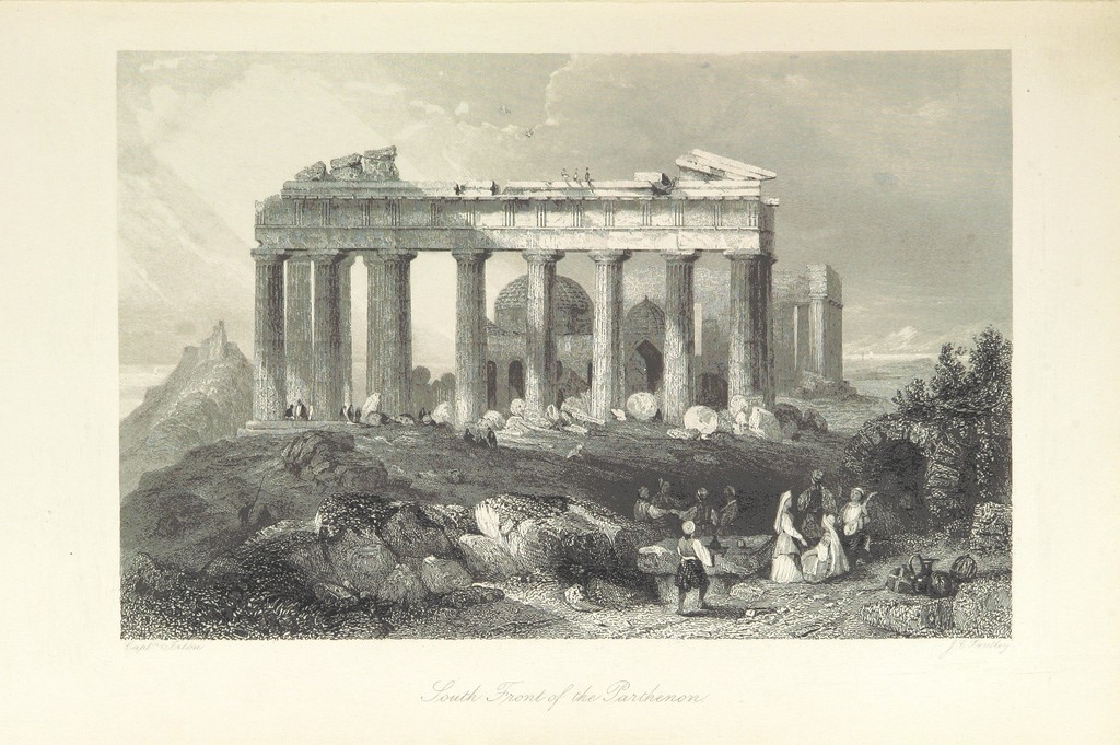 Parthenonin temppelin etelänpuoleinen julkisivu. Piirros on julkaistu teoksessa Greece, pictorial, descriptive, and historical, with upwards of three hundred and fifty engravings by Copley Fielding, etc vuodelta 1859. Etualalla olevien ihmisten vaatetus on merkittävä seikka aikakaudelle ominaisen itä-länsi -jaottelun kannalta. Lähde: The British Libraryn Flickr.com-sivu