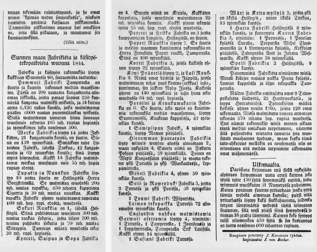 Maamiehen Ystävä -lehdessä vuonna 1.2.1845 ilmestynyt artikkeli fabriikeista ja käsityötekopaikoista Suomessa. Lähde: Kansalliskirjaston digitoidut aineistot 