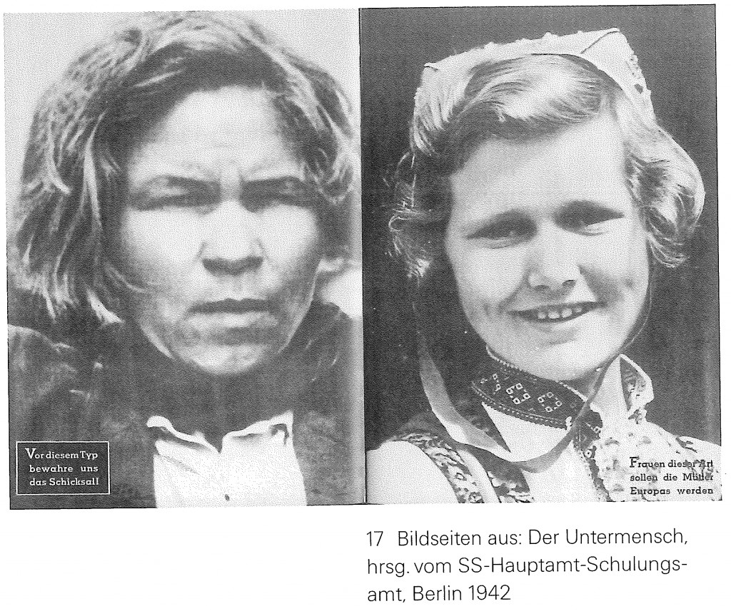 Kuva 5 (Kuva teoksesta Mascha + Nina + Katjuscha. Frauen in der Roten Armee 1941—1945.) Aukeama SS:n vuonna 1942 julkaisemasta propagandalehtisestä. Kuvaparissa vierekkäin vangittu neuvostoliittolainen naissotilas sekä saksalainen nainen. Naissotilasta esittävän kuvan kuvateksti ”Varjelkoon kohtalo meitä tällaisilta tyypeiltä” ja saksalaista naista esittävän kuvateksti ”Tällaisista naisista tulee Euroopan äitejä”.