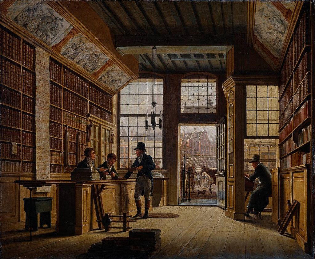 Alankomaalaisen Johannes Jelgerhuisin maalaus De winkel van boekhandelaar Pieter Meijer Warnars. Öljyvärimaalaus vuodelta 1820. Lähde: Wikimedia Commons