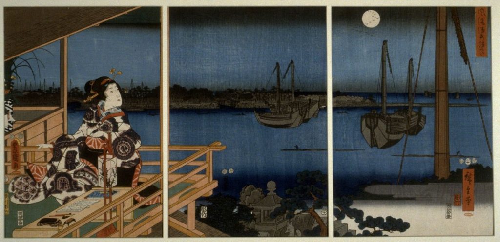 Full Moon at the Harbor or Lady Murasaki Watching the Autumn Moon at Ishiyama. Artist: Utagawa Hiroshige.