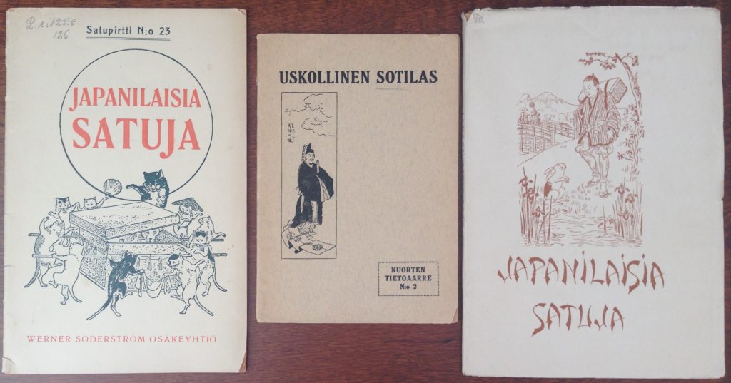 Valfrid Hedmanin (1918), K. Kajavan (1918) ja Felix Borgin (1925) satusuomennosten kannet. Kuva: Ritva Larva-Salonen.