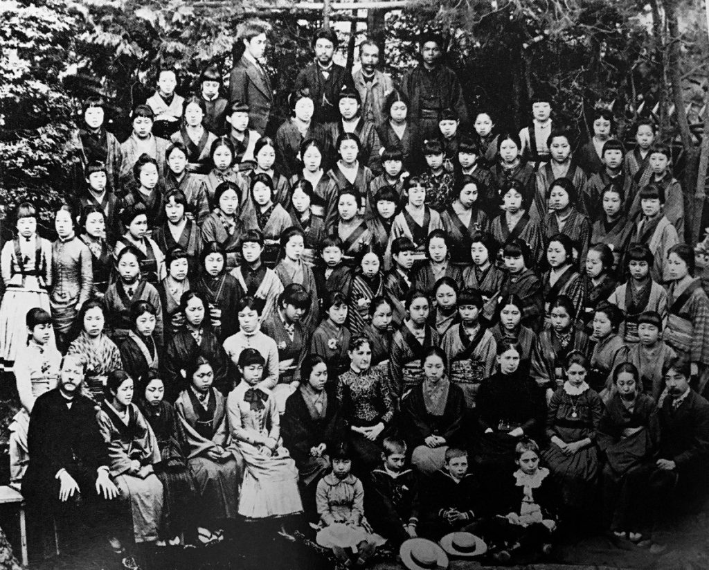 1887, spring. Meiji Jogakkō’s staff and students.