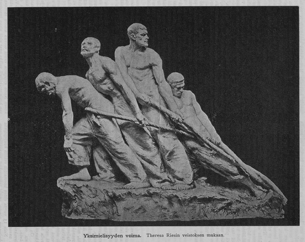 Kuva 3: Uuden Kuvalehden numerossa 14/1900 ilmestynyt kuva Theresa von Riesin veistoksesta Die Unbesiegbaren. Lähde: DIGI - Kansalliskirjaston digitoidut aineistot