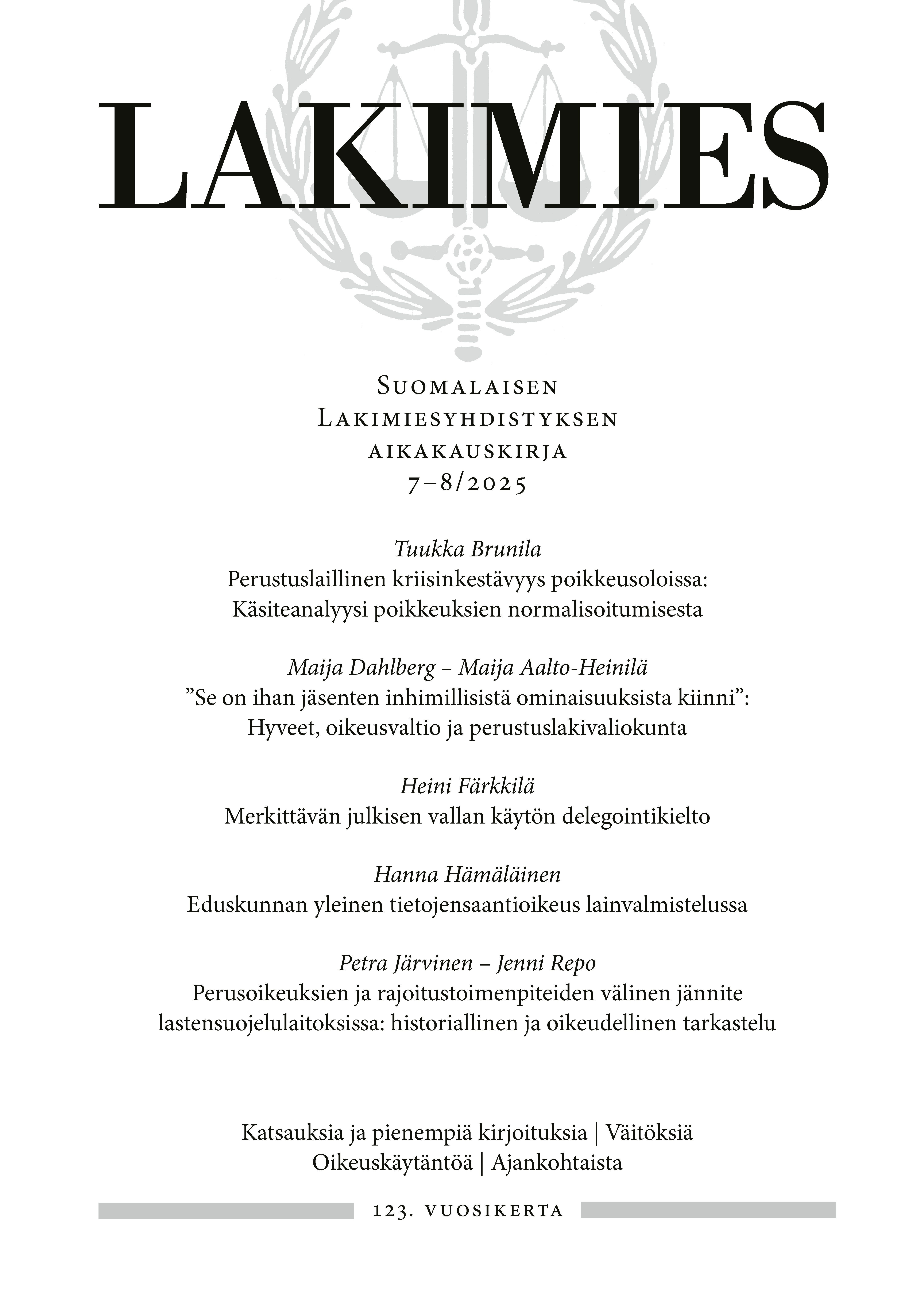 					Näytä Vol 123 Nro 7-8 (2025): Lakimies 7-8/2025
				