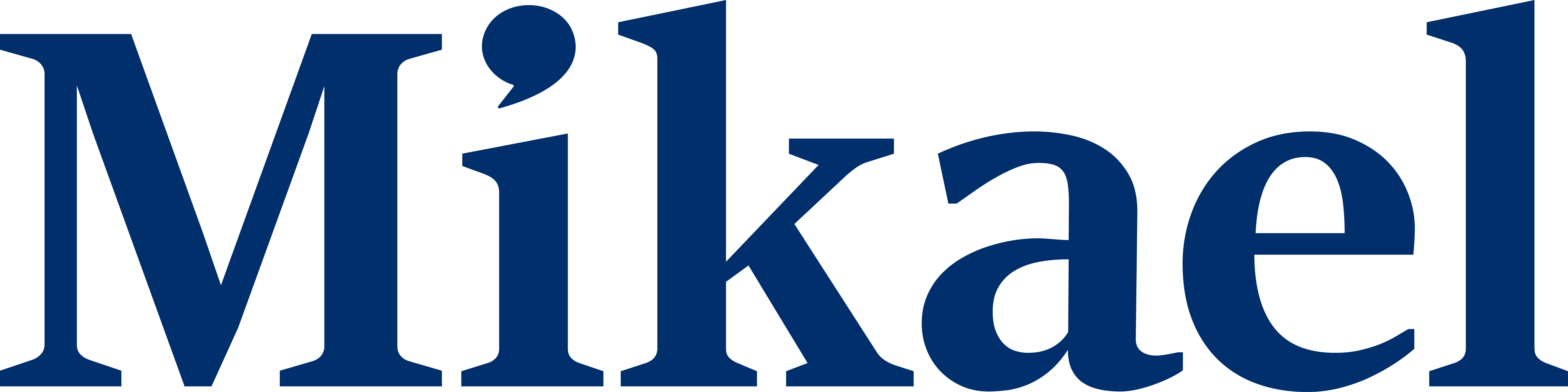 Teksti “Mikael”, jossa i:n piste muistuttaa pilkkua tai puhekuplaa / Journal title ”Mikael” where the dot on the i resembles a comma or a speech bubble 
