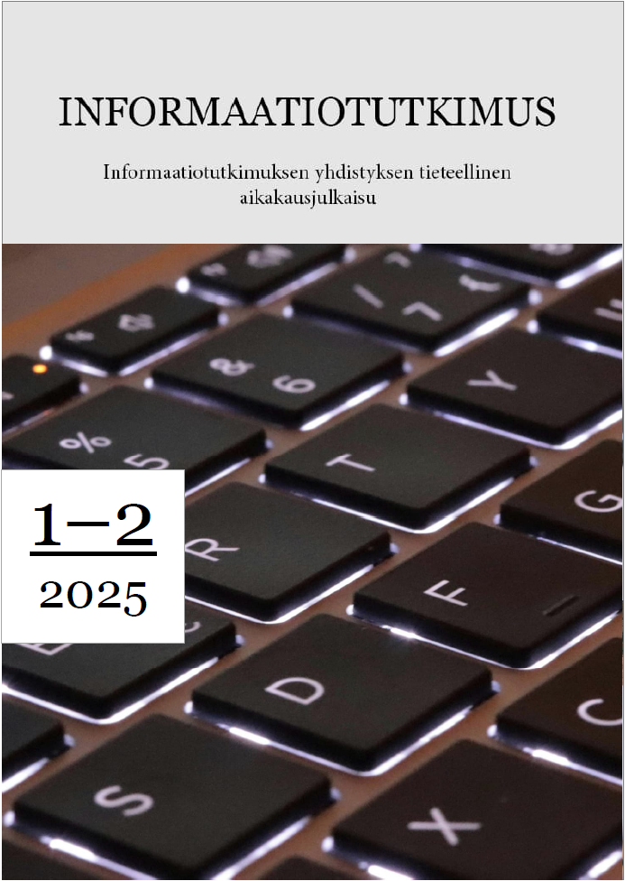 Kansilehdessä teksti informaatiotutkimus, informaatiotutkimuksen yhdistyksen tieteellinen aikakausjullkaisu 1-2 2025, ja kuva tietokoneen näppäimistöstä.